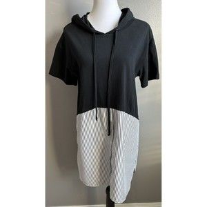 Umgee Cotton Blend Dress Hood Knee Length Pullover Shirt Dress Black White Sz S
